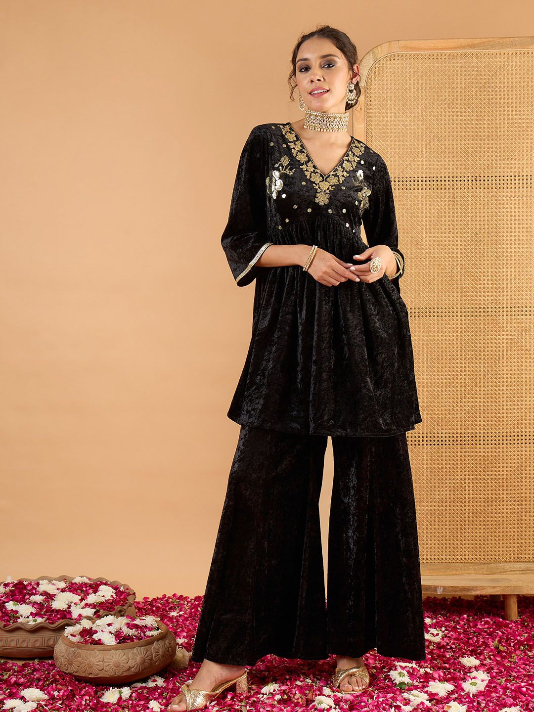 Women Ethnic Motifs Embroidered Tiered Mirror Work Kurti with Palazzos