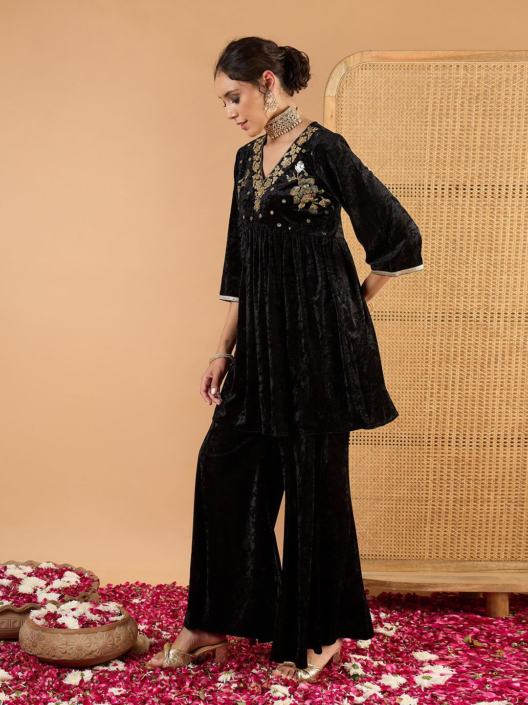 Women Ethnic Motifs Embroidered Tiered Mirror Work Kurti with Palazzos
