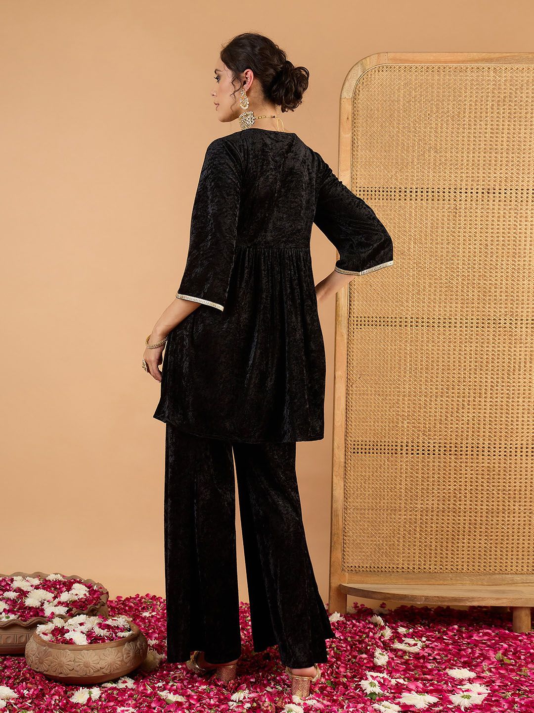 Women Ethnic Motifs Embroidered Tiered Mirror Work Kurti with Palazzos