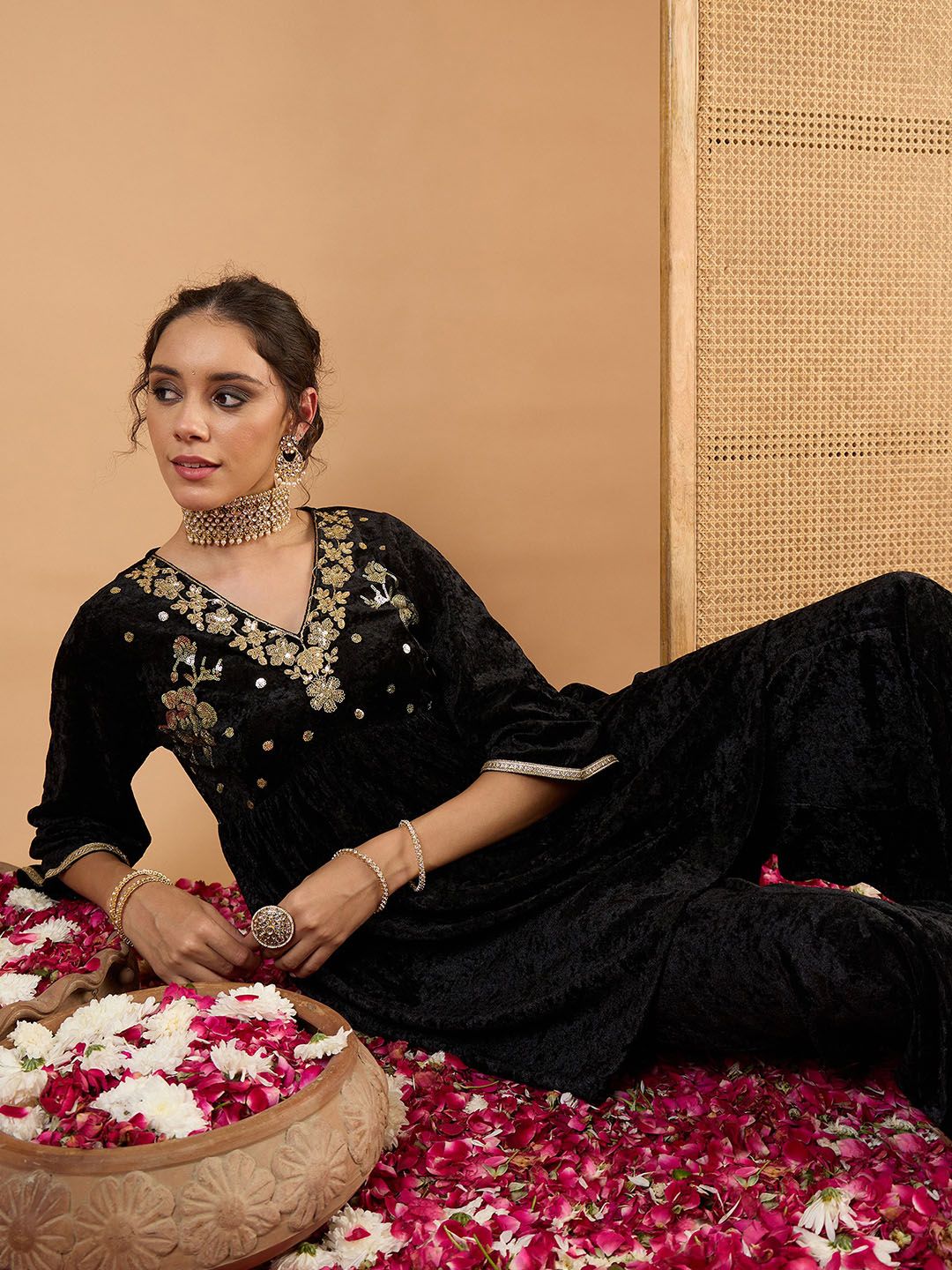 Women Ethnic Motifs Embroidered Tiered Mirror Work Kurti with Palazzos