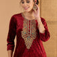 Women Ethnic Motifs Embroidered Zari Work Velvet Kurta with Trousers