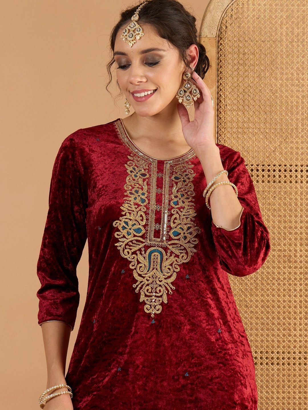Women Ethnic Motifs Embroidered Zari Work Velvet Kurta with Trousers