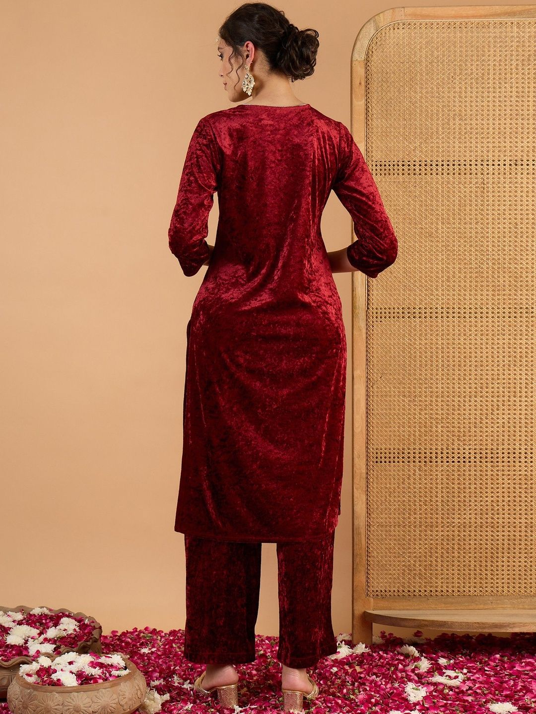 Women Ethnic Motifs Embroidered Zari Work Velvet Kurta with Trousers