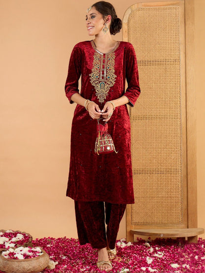 Women Ethnic Motifs Embroidered Zari Work Velvet Kurta with Trousers