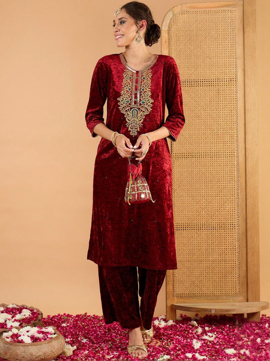 Women Ethnic Motifs Embroidered Zari Work Velvet Kurta with Trousers