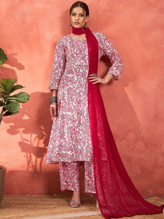 Women Floral Printed Cotton Kurta with Palazzo & Dupatta