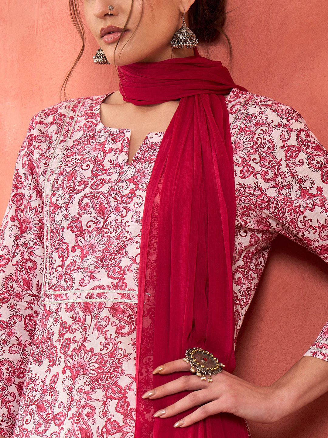 Women Floral Printed Cotton Kurta with Palazzo & Dupatta