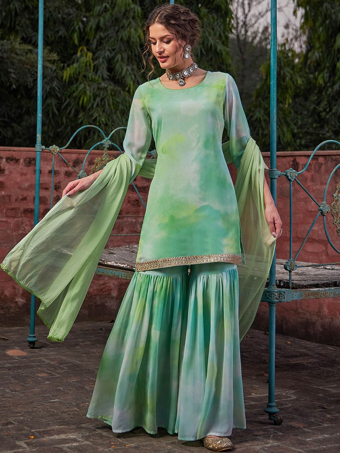 Women Ombre Dyed Kurta with Sharara & Dupatta