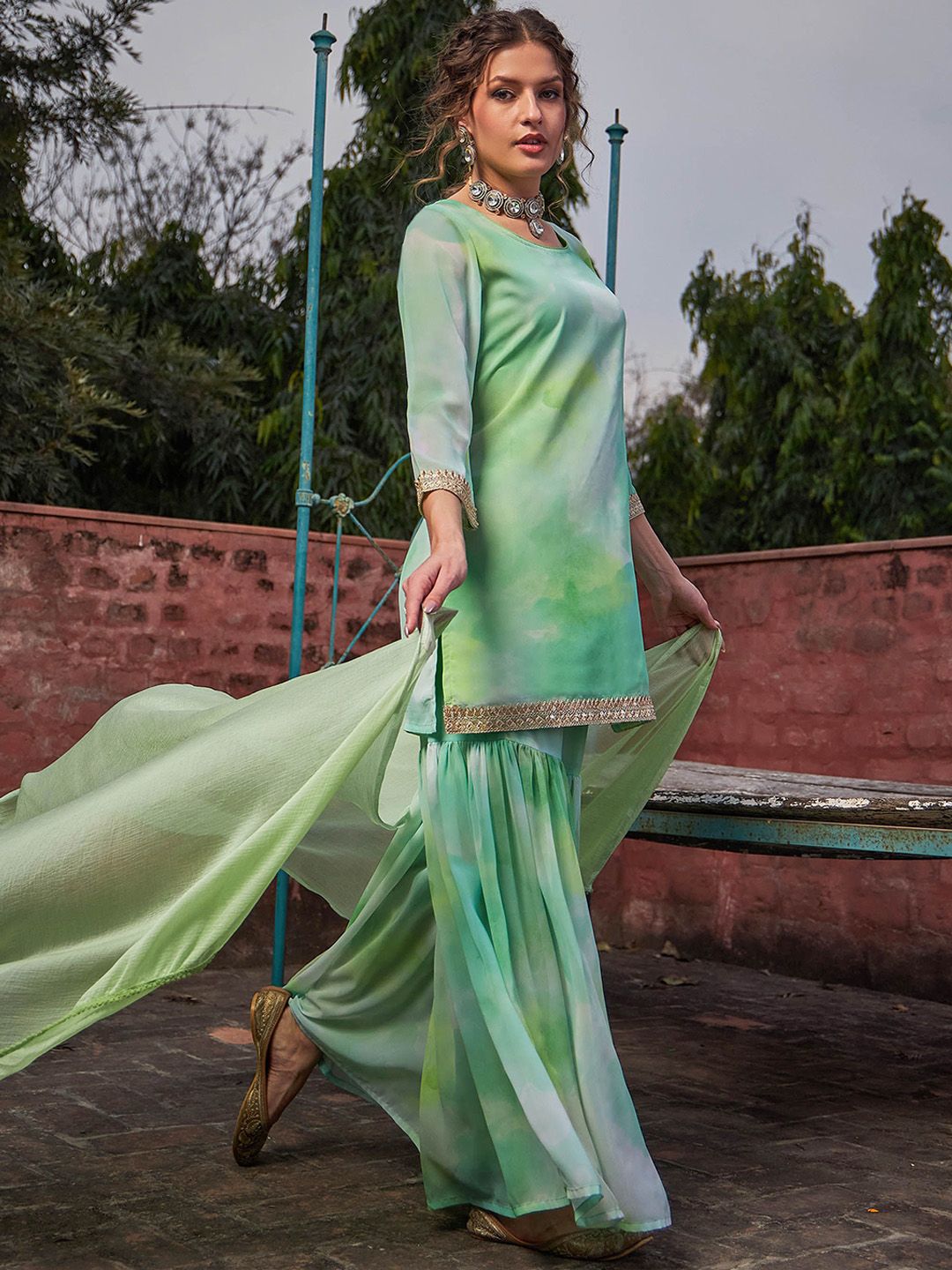 Women Ombre Dyed Kurta with Sharara & Dupatta
