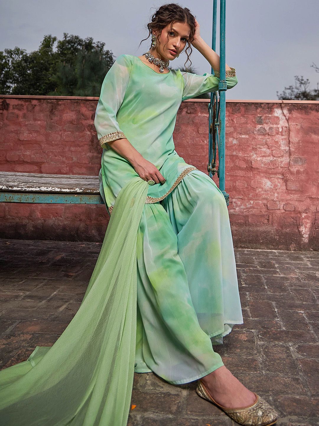 Women Ombre Dyed Kurta with Sharara & Dupatta