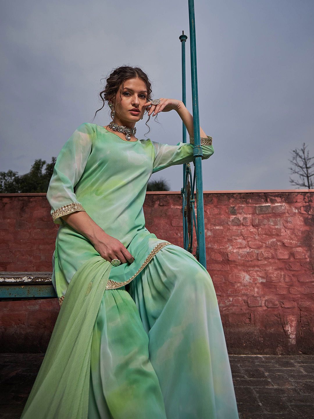 Women Ombre Dyed Kurta with Sharara & Dupatta