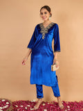 Women Velvet Ethnic Motifs Embroidered Kurta with Trousers