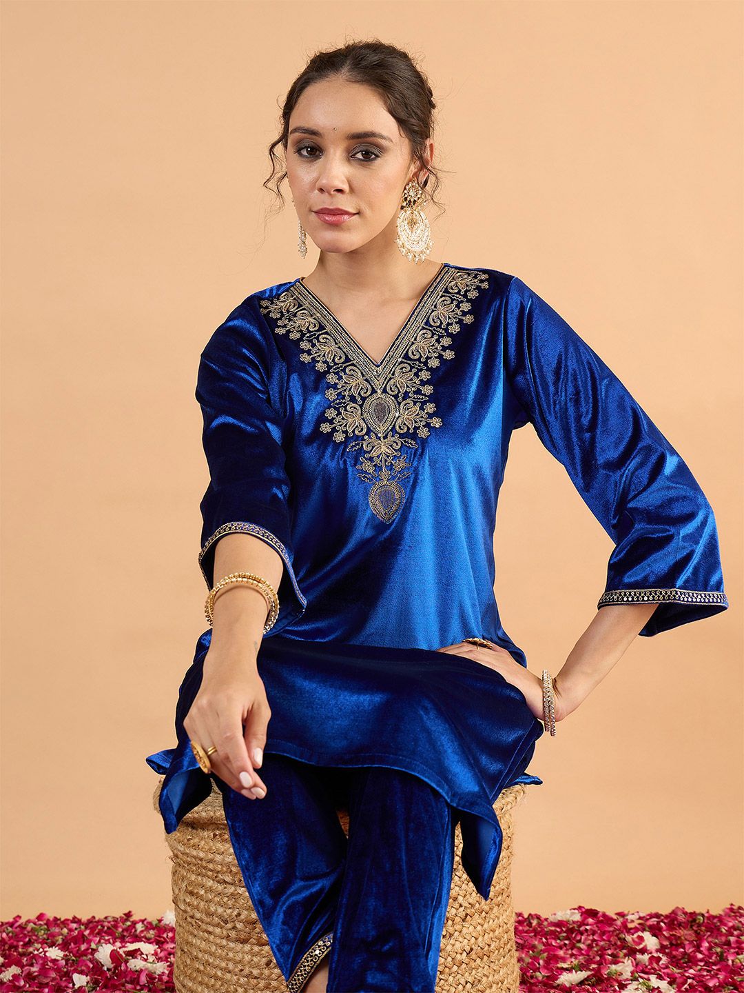 Women Velvet Ethnic Motifs Embroidered Kurta with Trousers