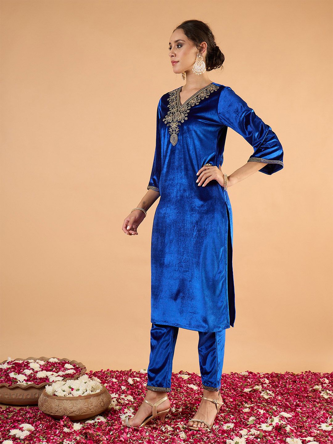 Women Velvet Ethnic Motifs Embroidered Kurta with Trousers