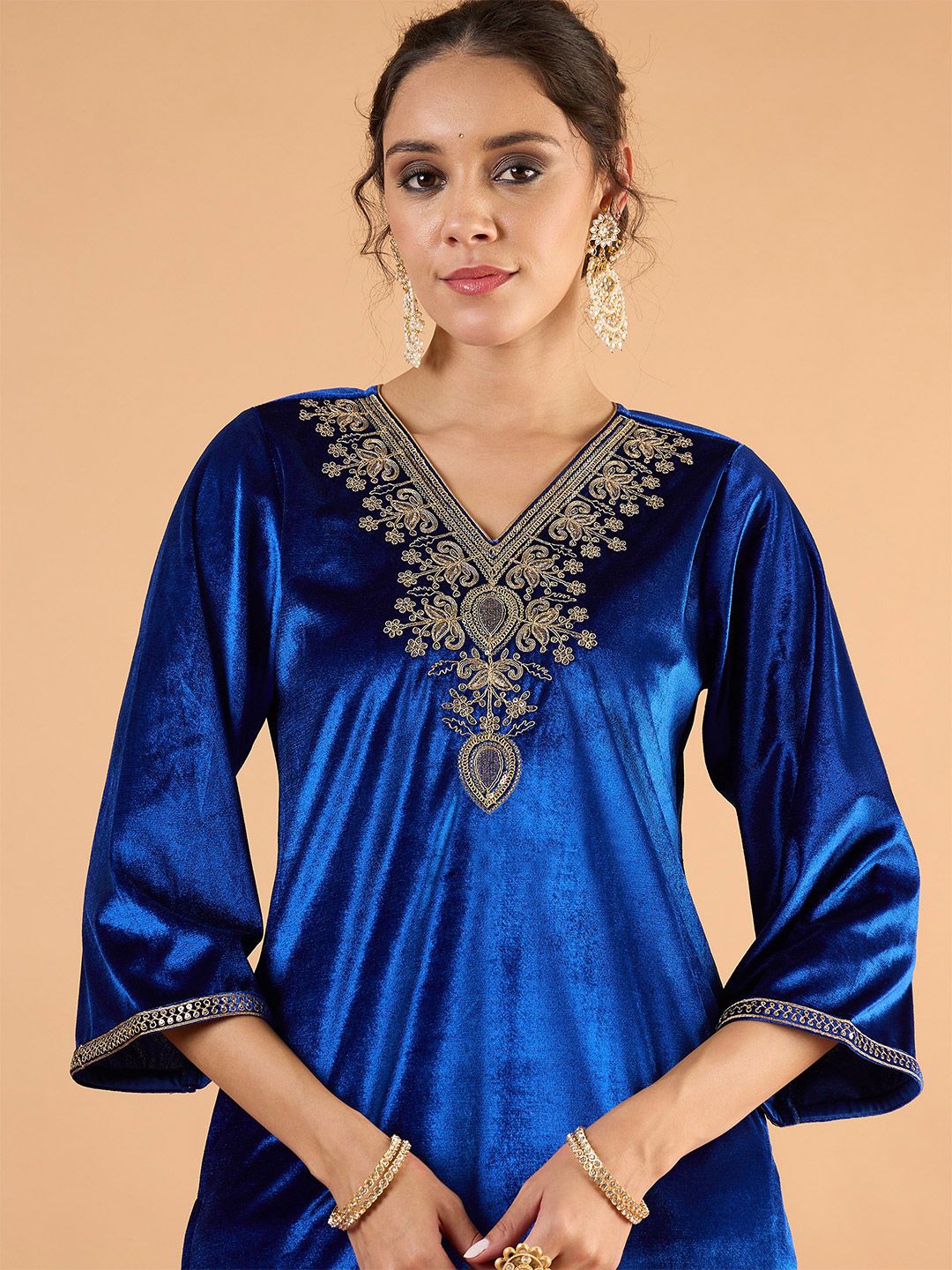 Women Velvet Ethnic Motifs Embroidered Kurta with Trousers