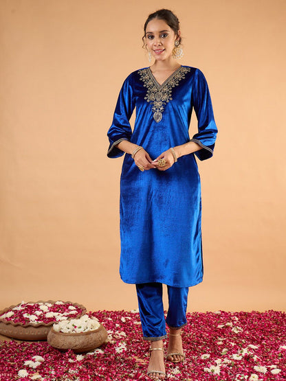 Women Velvet Ethnic Motifs Embroidered Kurta with Trousers