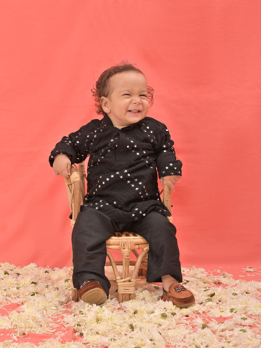 Boys' black mirror work kurta pyjama set