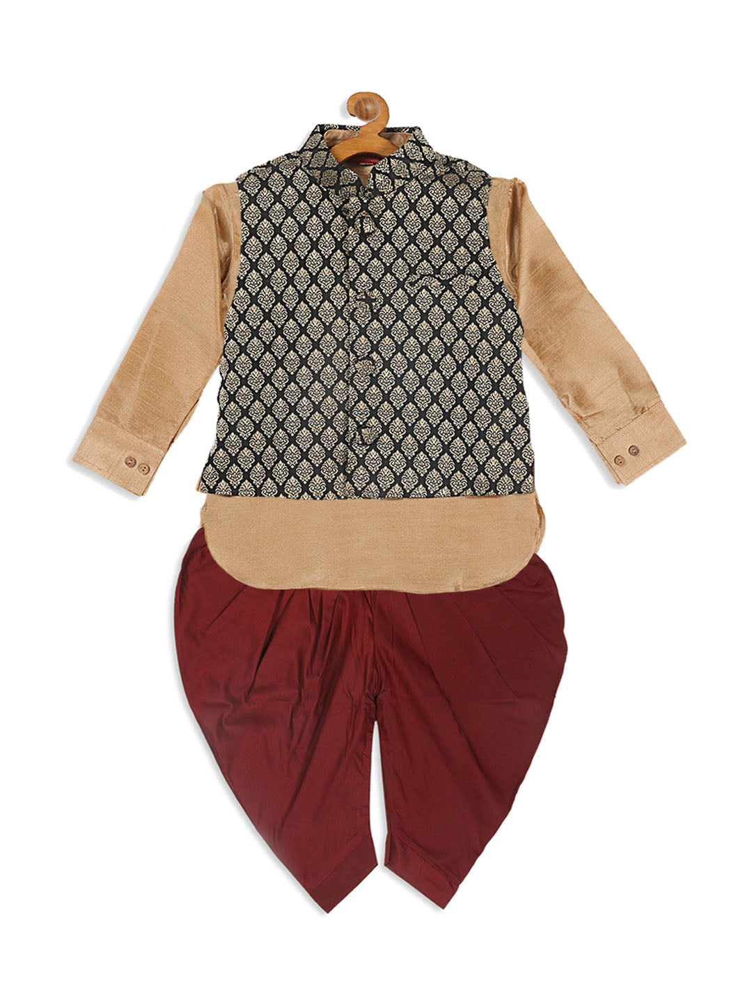 Sishu Boy's Black Woven Design Slim Fit Nehru Jacket And Rose Gold Kurta With Maroon Dhoti Set