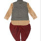 Sishu Boy's Black Woven Design Slim Fit Nehru Jacket And Rose Gold Kurta With Maroon Dhoti Set