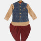 Sishu Boy's Blue Booti Woven Design Slim Fit Nehru Jacket And Rose Gold Kurta With Maroon Dhoti Set