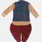 Sishu Boy's Blue Booti Woven Design Slim Fit Nehru Jacket And Rose Gold Kurta With Maroon Dhoti Set
