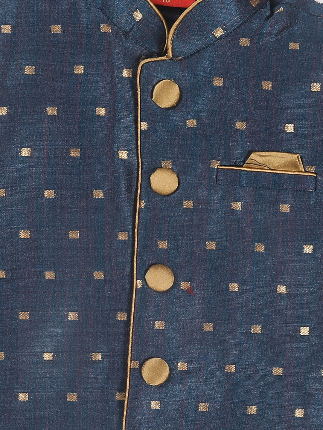 Sishu Boy's Blue Booti Woven Design Slim Fit Nehru Jacket And Rose Gold Kurta With Maroon Dhoti Set