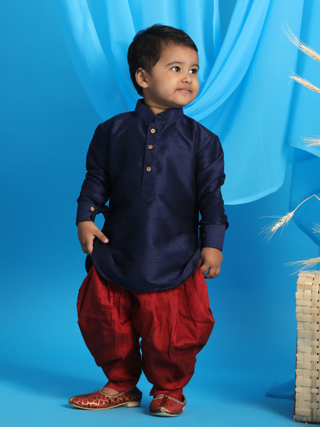 Sishu Boy's Blue Kurta And Cowl Dhoti Set