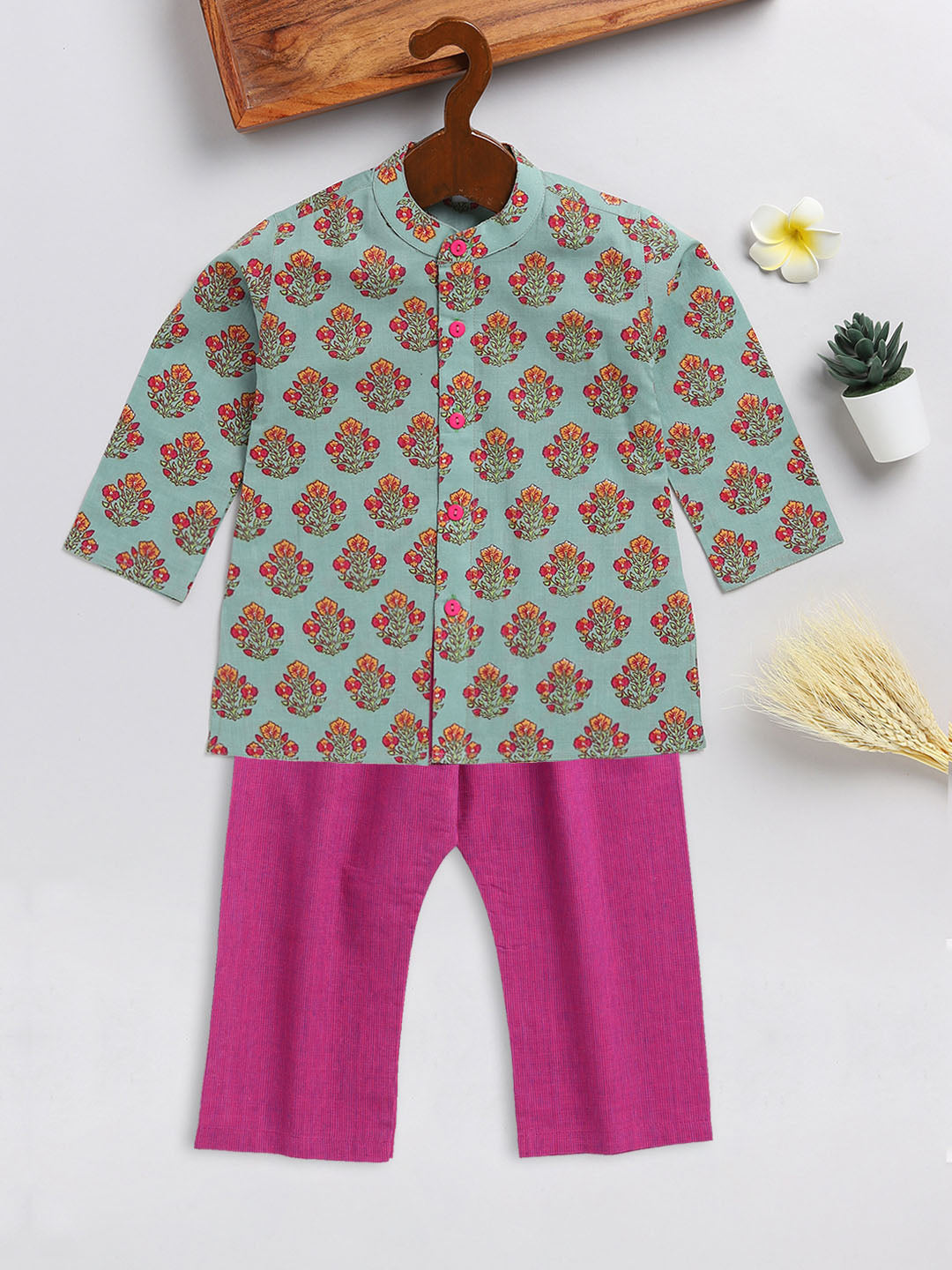 Sishu Boy's Green And Magenta Floral Printed Cotton Kurta Pyjama Set