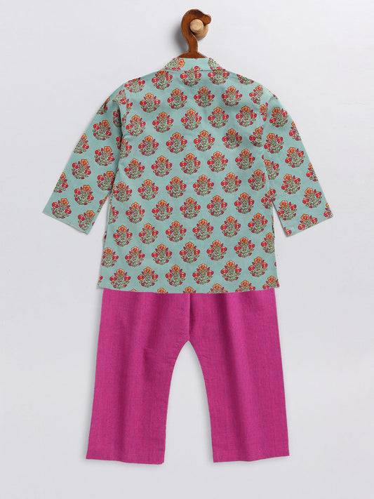 Sishu Boy's Green And Magenta Floral Printed Cotton Kurta Pyjama Set