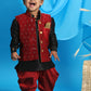 Sishu Boy's Maroon Booti Woven Design Slim Fit Nehru Jacket And Black Kurta With Maroon Dhoti Set