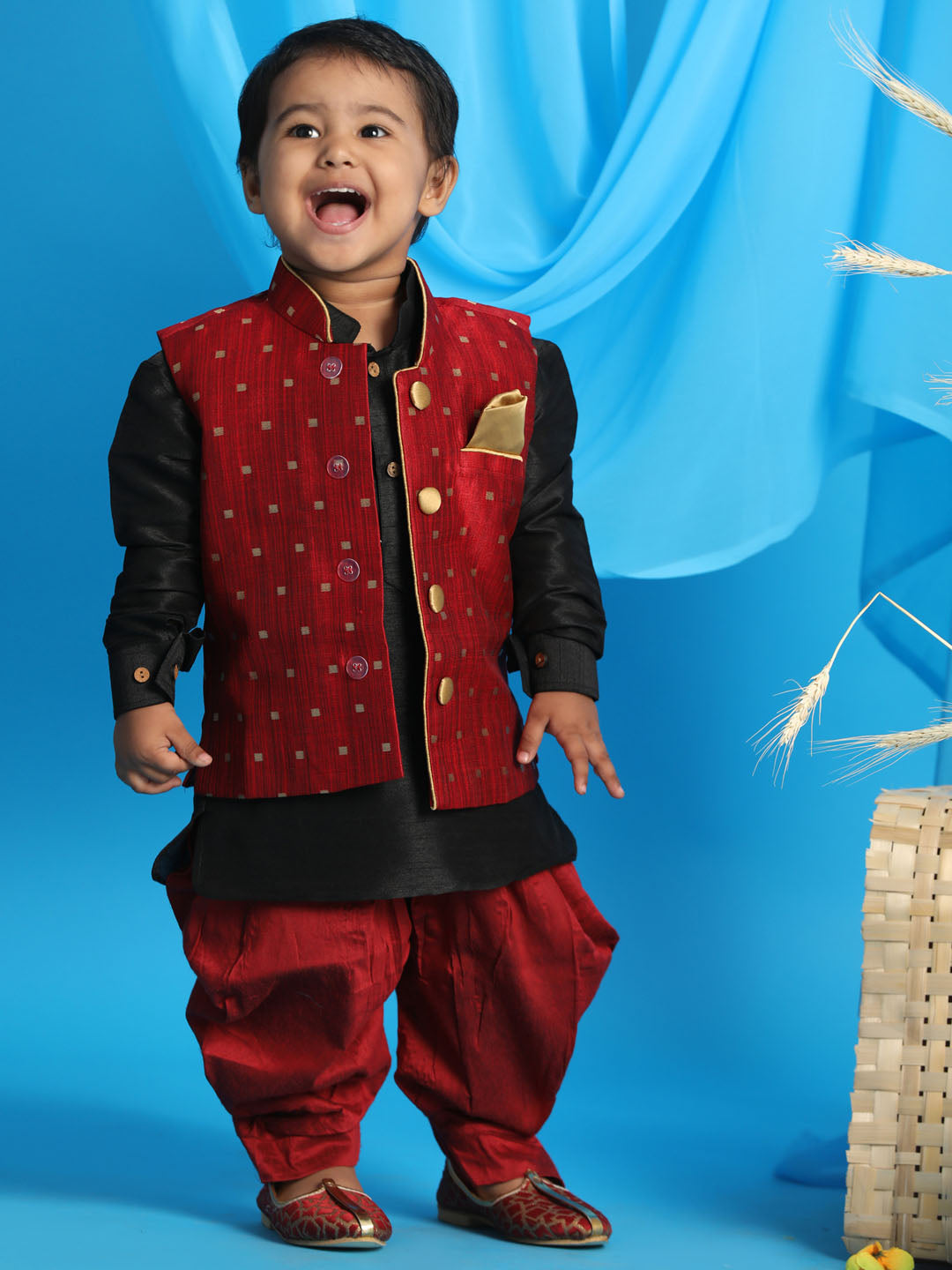 Sishu Boy's Maroon Booti Woven Design Slim Fit Nehru Jacket And Black Kurta With Maroon Dhoti Set