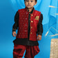 Sishu Boy's Maroon Booti Woven Design Slim Fit Nehru Jacket And Black Kurta With Maroon Dhoti Set
