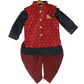 Sishu Boy's Maroon Booti Woven Design Slim Fit Nehru Jacket And Black Kurta With Maroon Dhoti Set