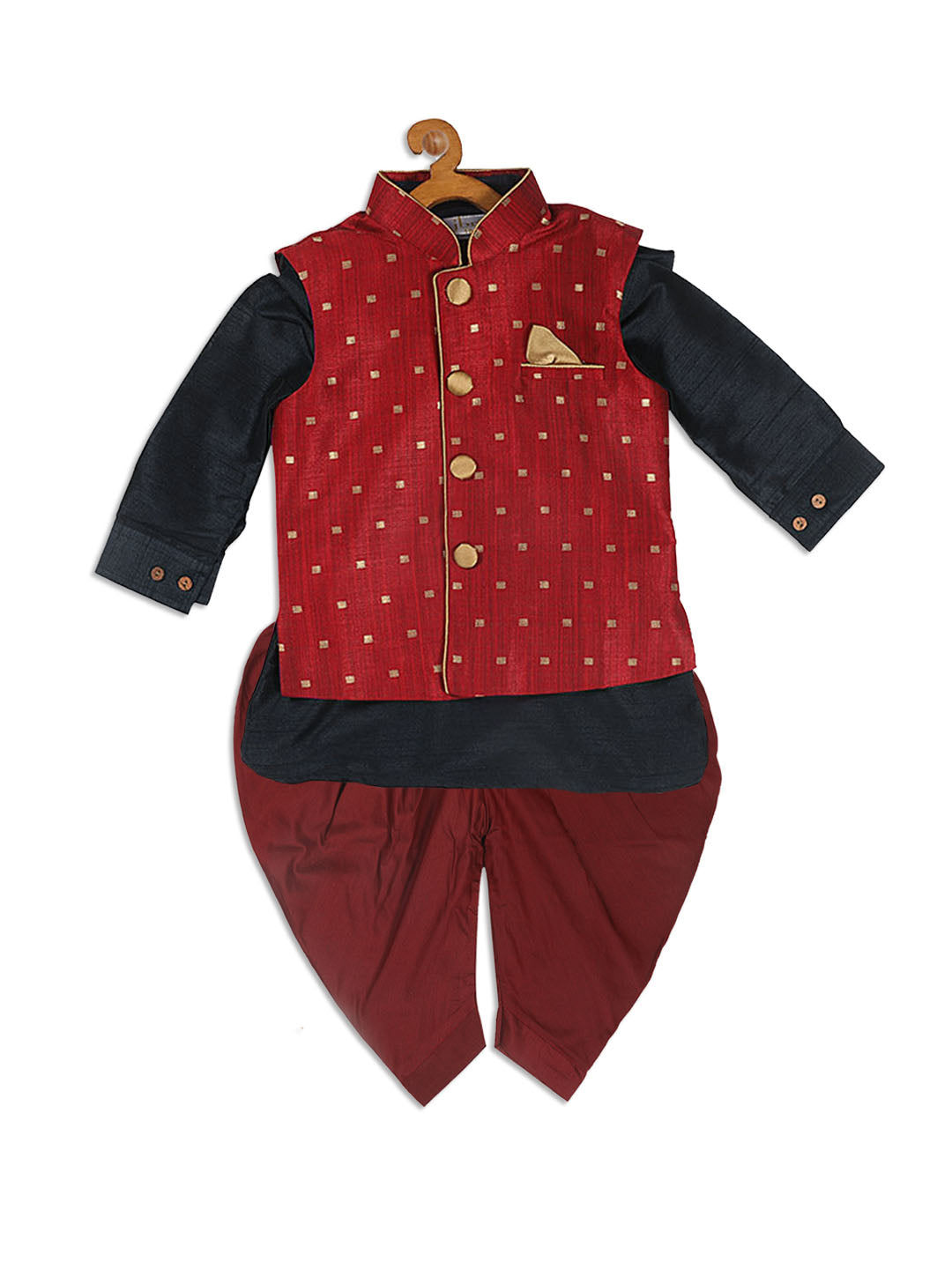 Sishu Boy's Maroon Booti Woven Design Slim Fit Nehru Jacket And Black Kurta With Maroon Dhoti Set