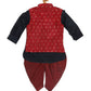 Sishu Boy's Maroon Booti Woven Design Slim Fit Nehru Jacket And Black Kurta With Maroon Dhoti Set