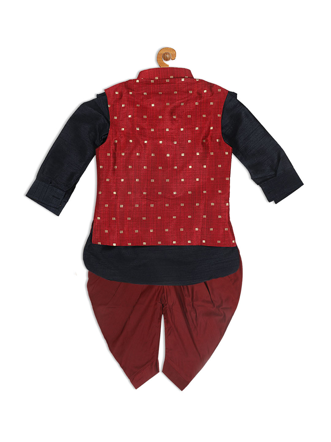 Sishu Boy's Maroon Booti Woven Design Slim Fit Nehru Jacket And Black Kurta With Maroon Dhoti Set