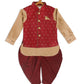 Sishu Boy's Maroon Booti Woven Design Slim Fit Nehru Jacket And Rose Gold Kurta With Maroon Dhoti Set