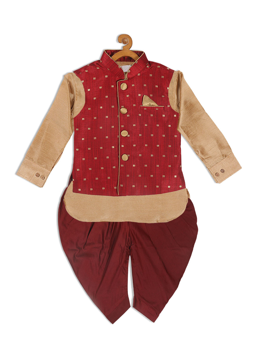 Sishu Boy's Maroon Booti Woven Design Slim Fit Nehru Jacket And Rose Gold Kurta With Maroon Dhoti Set