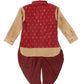 Sishu Boy's Maroon Booti Woven Design Slim Fit Nehru Jacket And Rose Gold Kurta With Maroon Dhoti Set