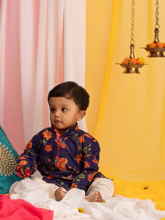 Boys' multicolour navy blue kurta and pyjama set with leheria border