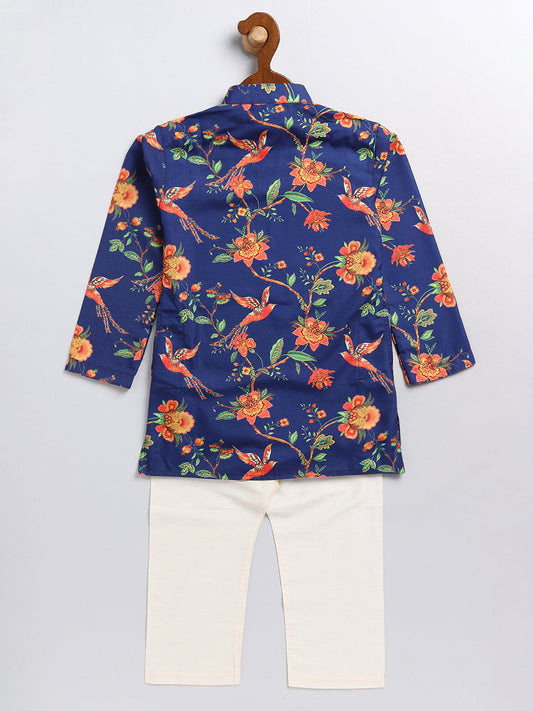 Boys' multicolour navy blue kurta and pyjama set with leheria border, view 3