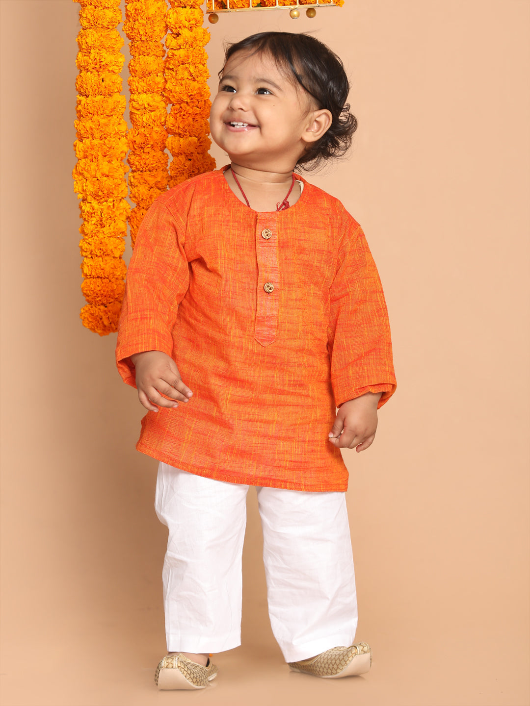 Sishu Boy's' Orange Cotton Kurta And White Pyjama Set
