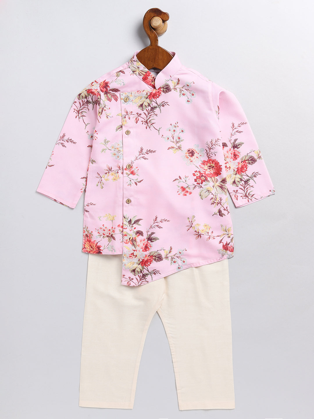Sishu Boy's Pink Floral Printed Angrakha Kurta Pyjama Set