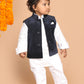 Sishu Boy's White Kurta Pyjama Set With Blue Dot Print Nehru Jacket
