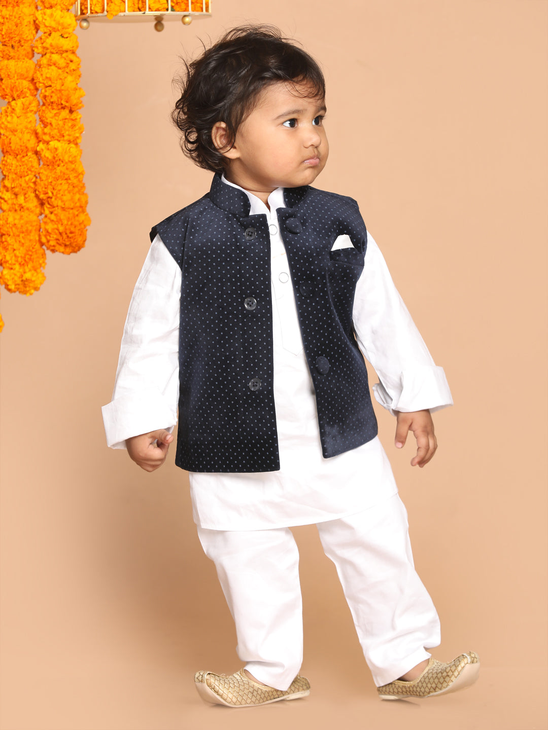 Sishu Boy's White Kurta Pyjama Set With Blue Dot Print Nehru Jacket