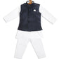 Sishu Boy's White Kurta Pyjama Set With Blue Dot Print Nehru Jacket