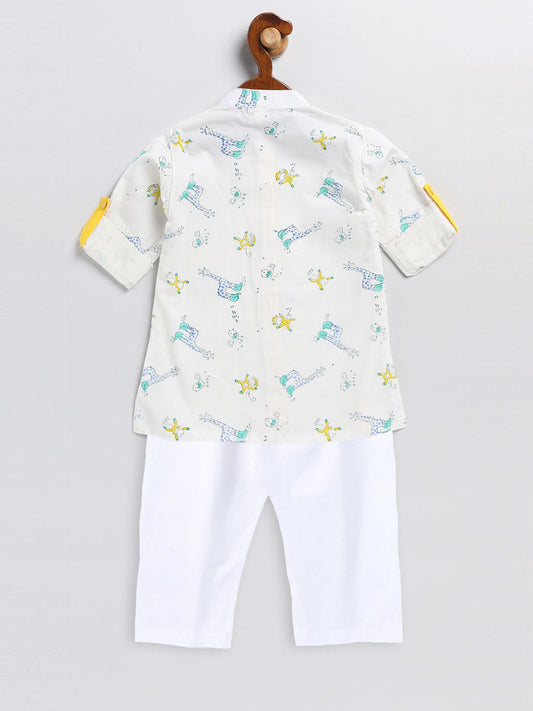 Sishu Boy's White Printed Cotton Kurta Pyjama Set