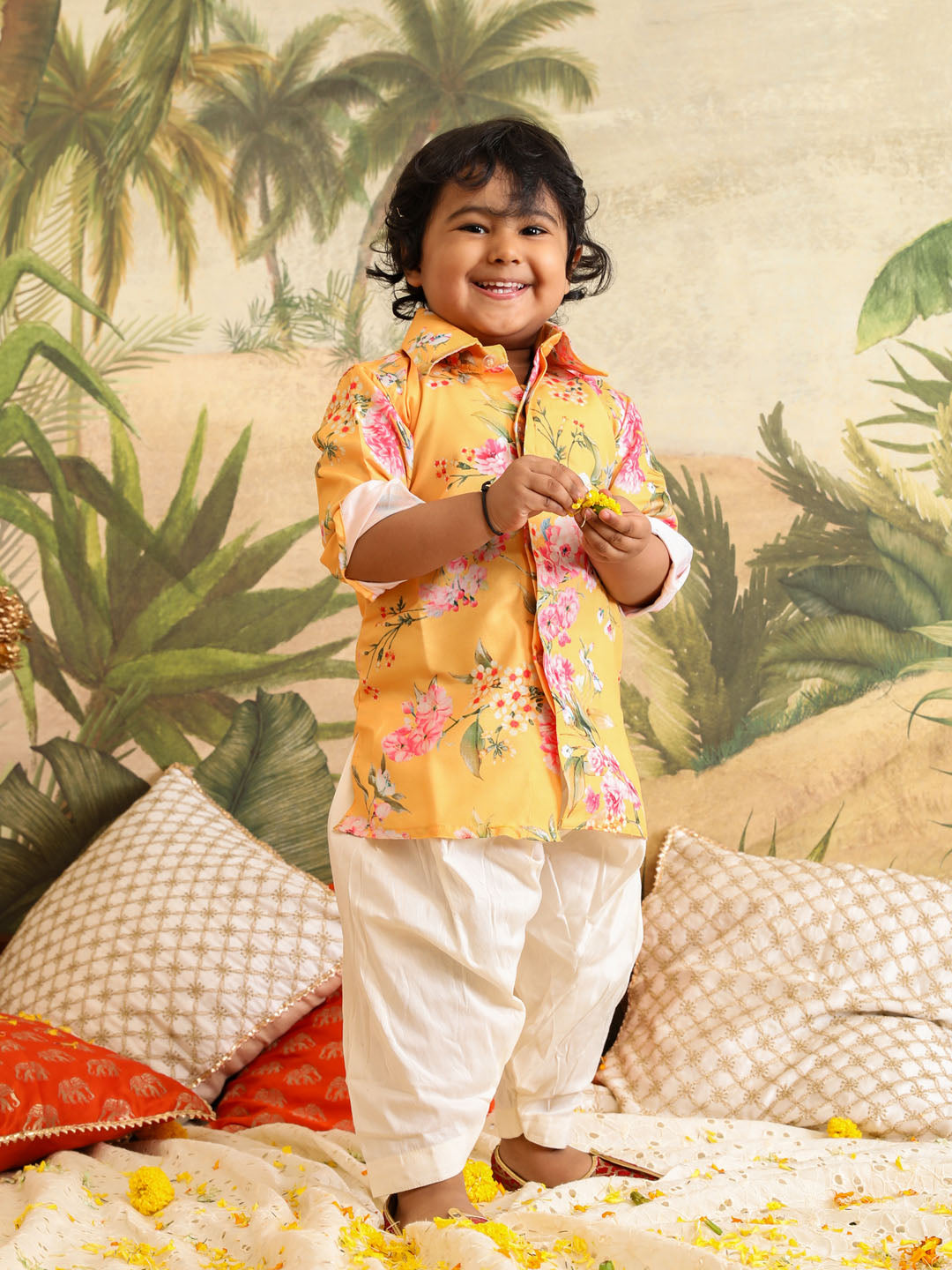 Sishu Boy's Yellow Floral Printed Kurta Patiala Set