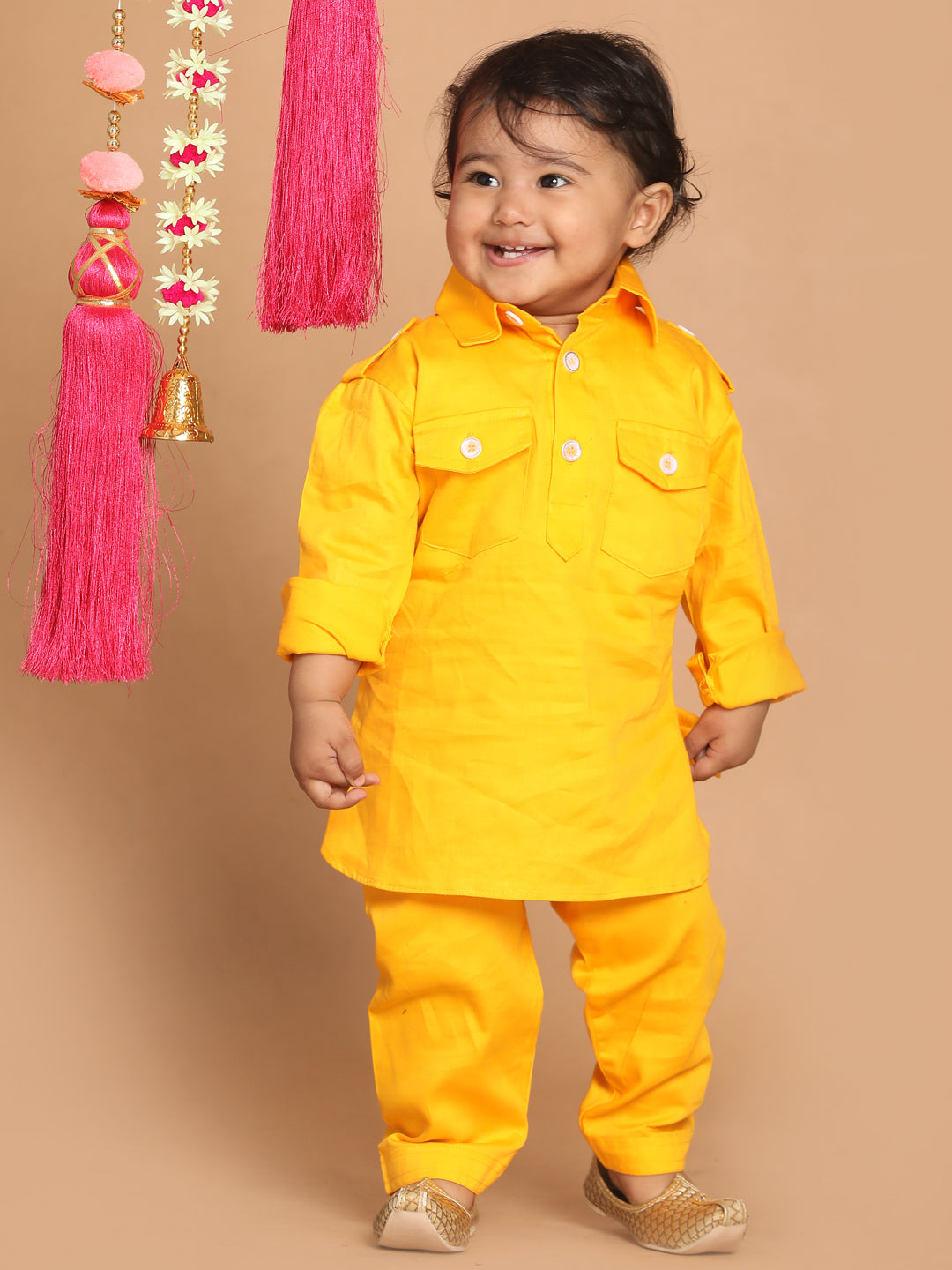 Sishu Boy's Yellow Pure Cotton Pathani Kurta With Pyjama Set