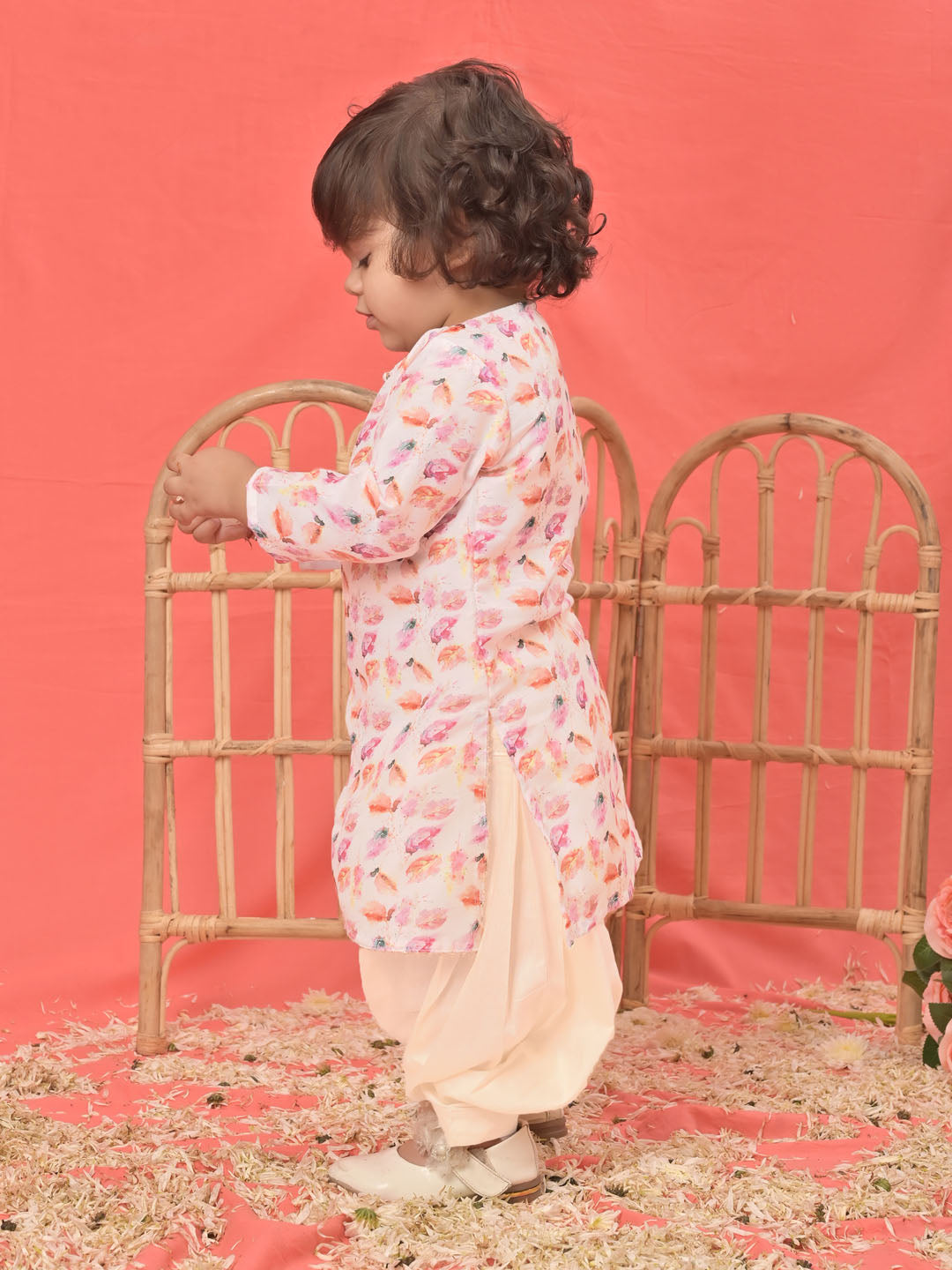 Sishu Girl's' White Floral Printed Linen Kurta And Cream Patiala Set